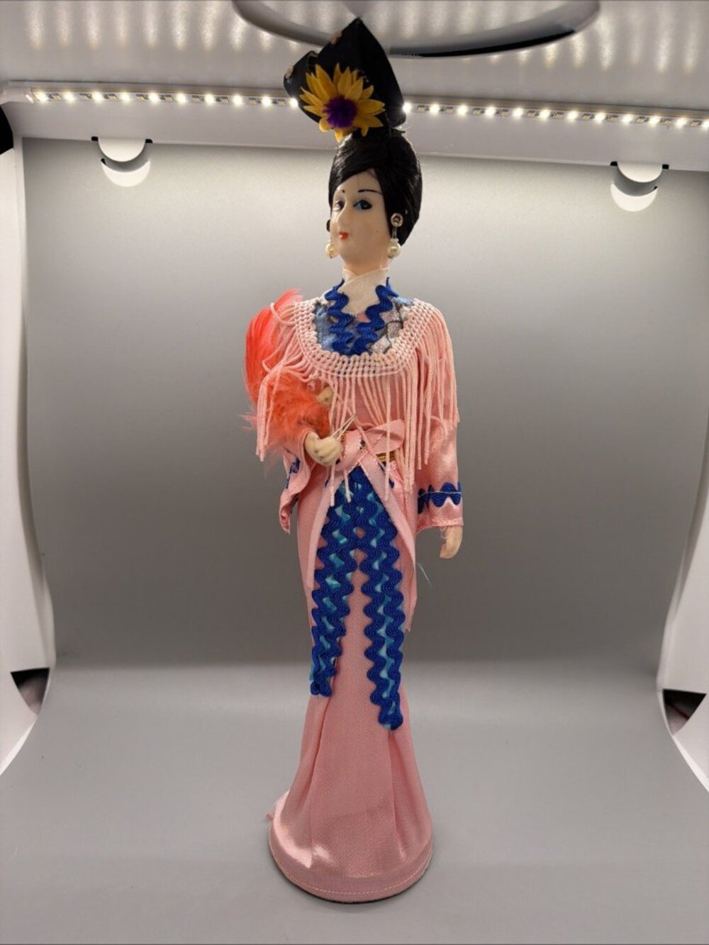 Asian Figure Doll 10.5” Tall Pink Blue Dress